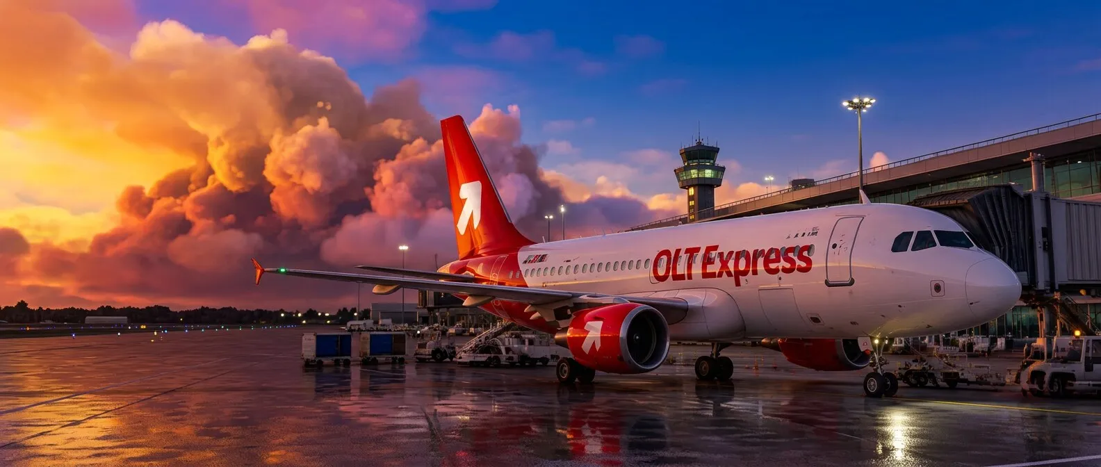 Airbus OLT Express przy rękawie terminalu o zachodzie słońca — kadr w stylu symulatora